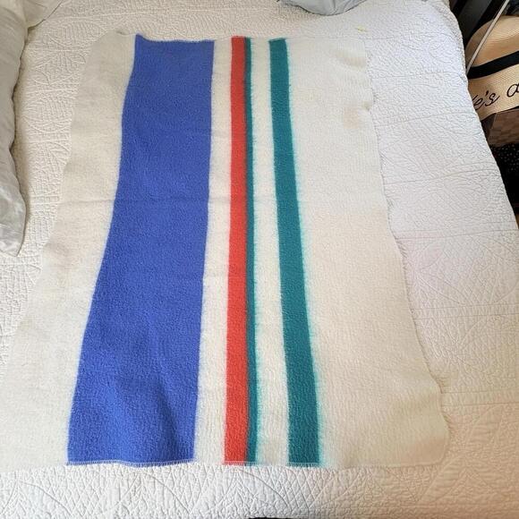 Baby Blanket Feel Striped Blue Aqua Red Vintage Camping Blanket Style But SOFT - Picture 3 of 15